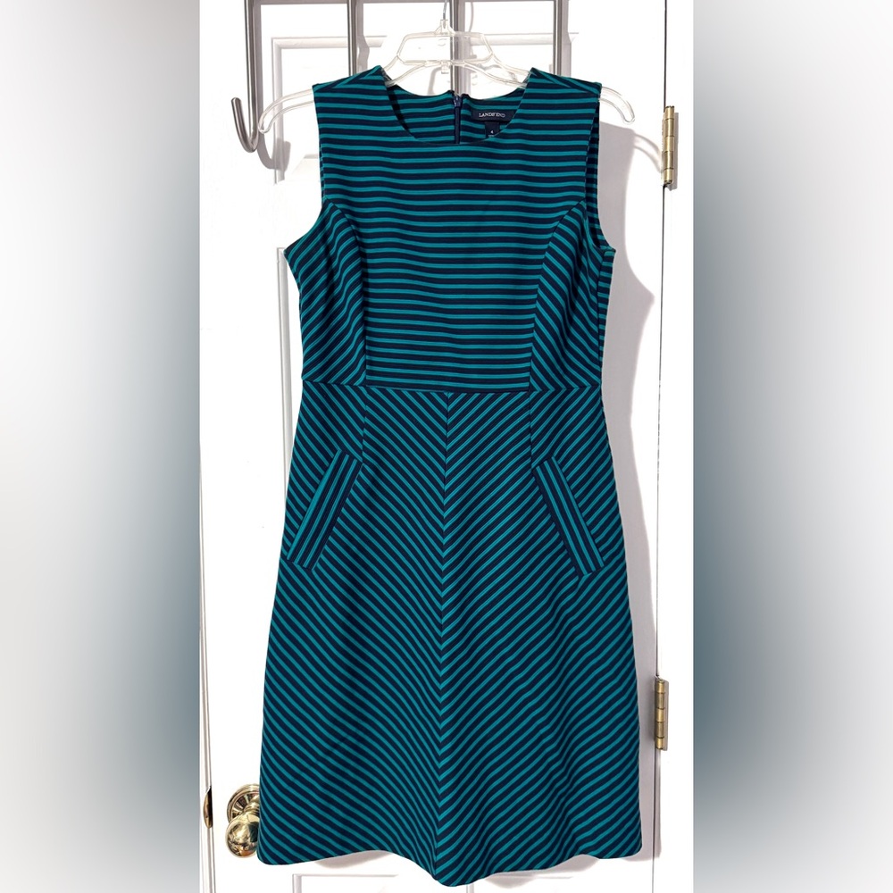 Lands End Sleeveless Striped green and navy a-line dress with pockets EUC